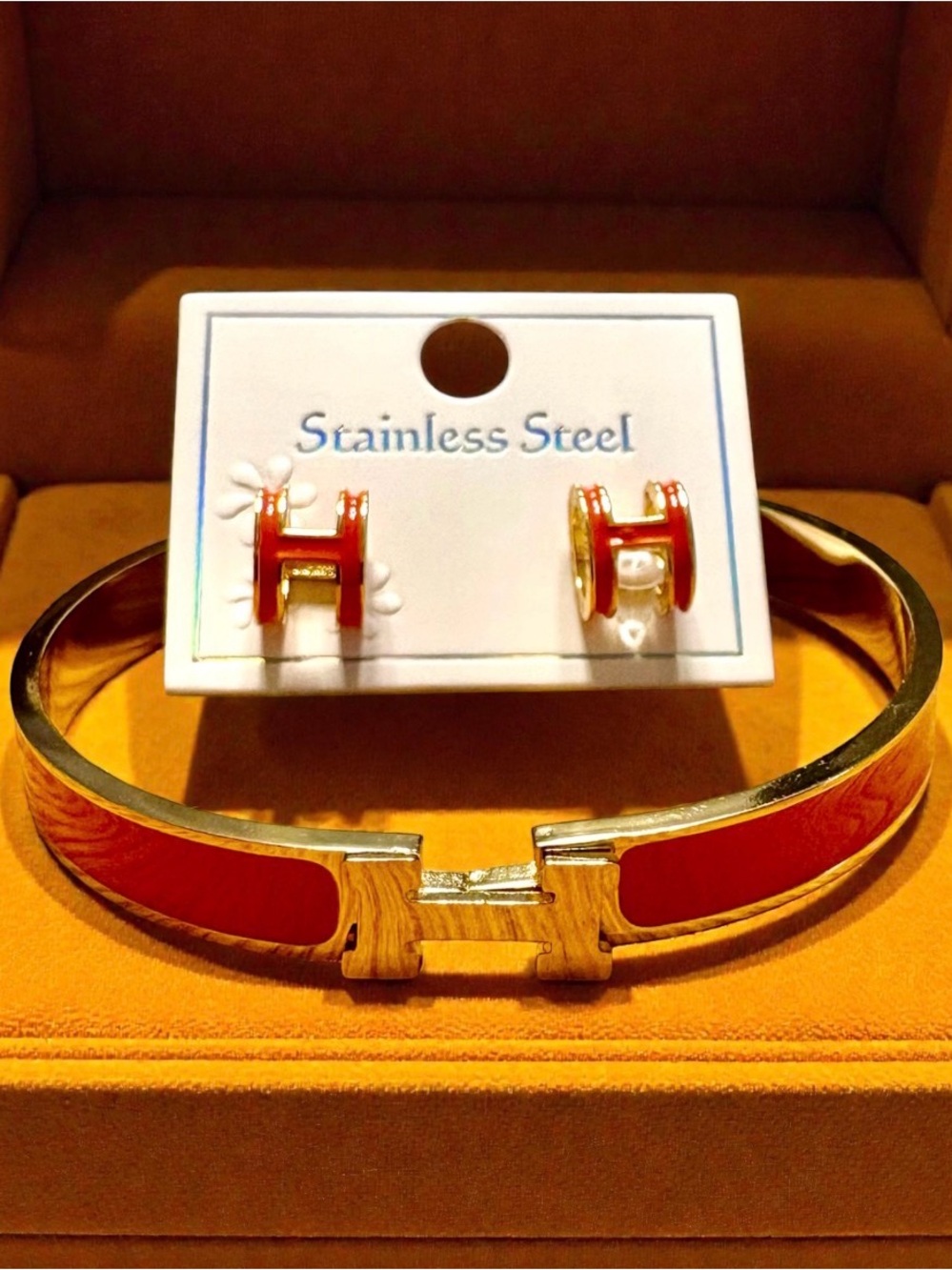 Gold-Tone Orange  Enamel Hinge Bracelet and Earring Set